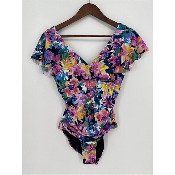 Swim Solutions Size 10 Garden Dreams Floral Flutter Sleeve One Piece Swimsuit - Picture 2 of 6